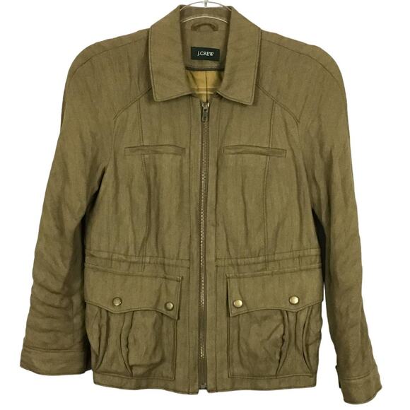 J CREW Safari Full Zip Olive Army Moss Green Jacket Utility Lined Pockets S M - Picture 1 of 6